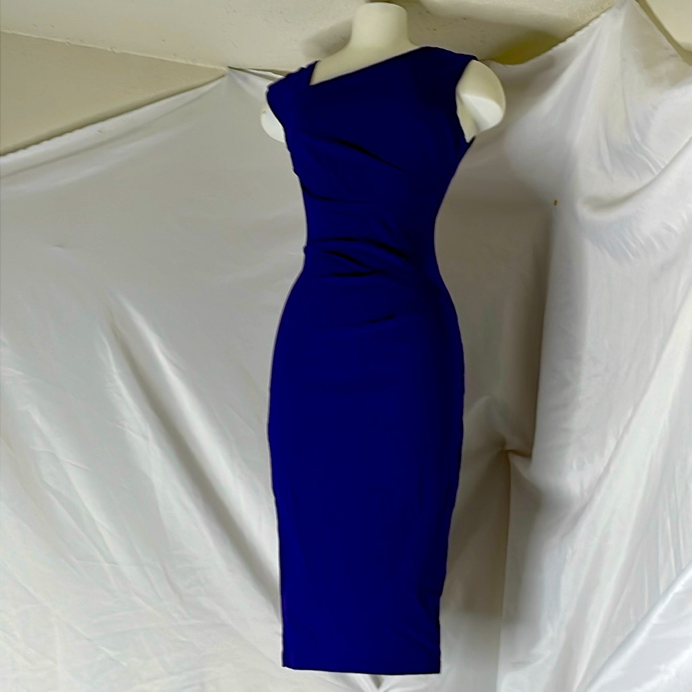 EUC! Fitted purple knee length dress w/asymmetrical neckline and rouched detai